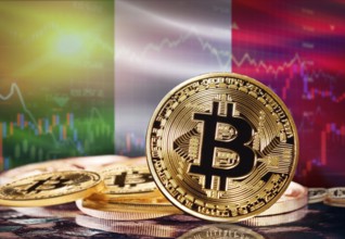 Bitcoin with Italian flag in the background. Investors in cryptocurrency and Blockchain Technology
