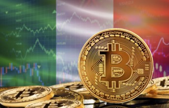 Investors in cryptocurrency and Blockchain Technology in Italy, Concept. Bitcoin with Italian flag