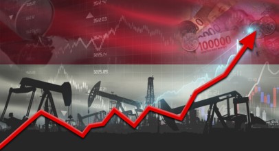Growth of oil industry with Indonesian flag. Oil pumps with Indonesian flag. Oil production with