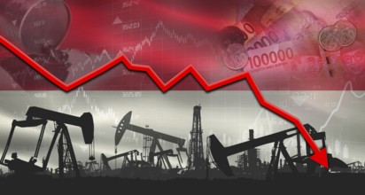 Fall oil price with Indonesian flag on economic chart, Petrol crisis with Indonesian flag on