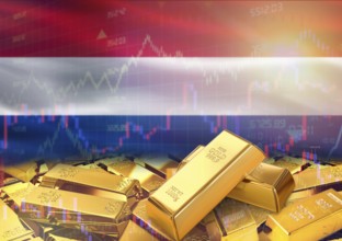 Gold bars on Netherlands flag in background. Gold bars stacked on Dutch flag. Concept of