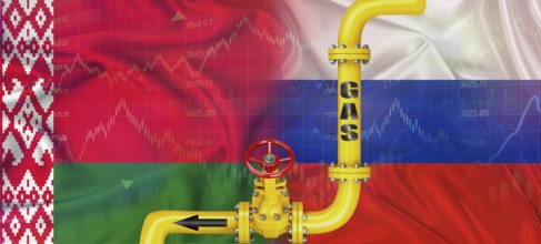 Gas pipeline with Russian and Belarus flag. Production and export of Russian gas to Belarus