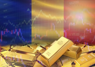 Gold bars on Romania flag in background. Gold bars stacked on Romanian flag. Concept of Romania