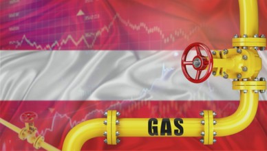 Gas pipeline with the Austria flag in the background. Gas production with Austrian flag on a market