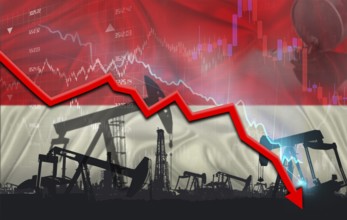 Crude crisis with Indonesian flag on financial graph. Fall oil price with flag of Indonesia on