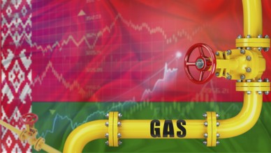 Gas pipeline with the Belarusian flag in the background. Gas production with the Belarusian flag on