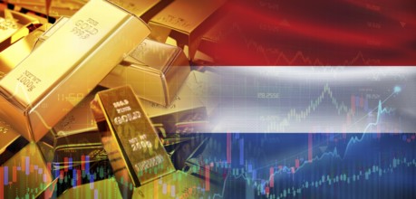 Gold bars stacked on Dutch flag. Netherlands gold reserves, Concept