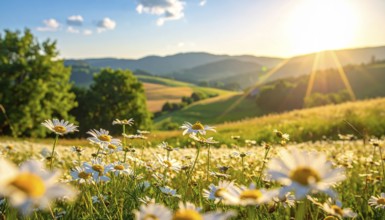 A sunlit meadow with daisies against a forest backdrop under a blue sky, Late summer country