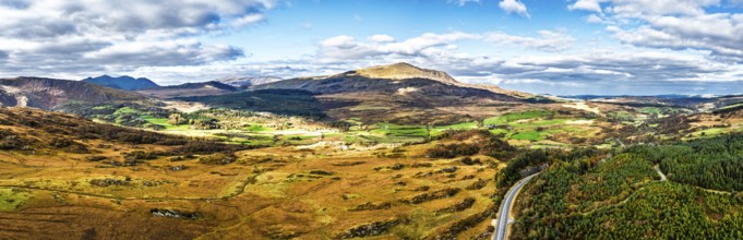 Snowdonia National Park over Road A470 from a drone, Crimea Pass, Blaenau Dolwyddelan, Wales,