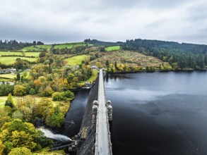 Llyn Brianne Dam and Reservoir from a drone, Lake Vyrnwy, Powys, Wales, England, United Kingdom