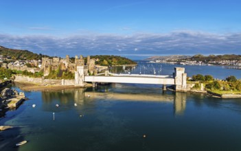 Conwy Castle over River Convy from a drone, Convy, North Wales, England, United Kingdom