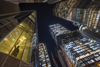 The lights of Frankfurt's banking skyline glow in the evening, Frankfurt, Hesse, Germany