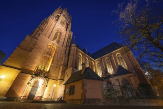 Numerous spotlights illuminate St. Bartholomew's Cathedral in Frankfurt am Mainzur Blaue Stunde,