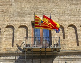 Flags flying on Palacio de los Condes de Morata o de Luna, Zaragoza, Aragon, Spain, Europe now