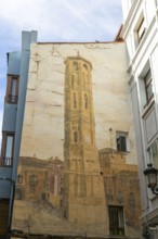 Painting mural of the Leaning Tower, Torre Nueva, Zaragoza, Aragon, Spain, Europe demolished 1892