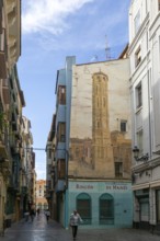 Painting mural of the Leaning Tower, Torre Nueva, Zaragoza, Aragon, Spain, Europe demolished 1892 -