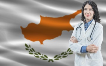 Cypriot medicine and healthcare concept. Doctor close up against Cyprus flag background