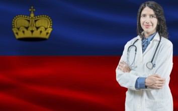 Liechtensteiner medicine and healthcare concept. Doctor close up against Liechtenstein flag