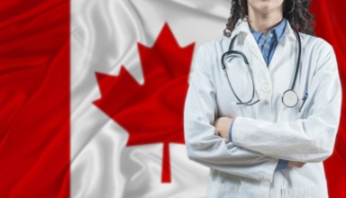 Medical professional on Canada flag. Healthcare and wellness in Canada, Concept