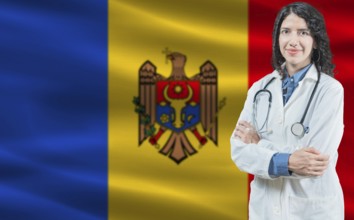 Moldovan medicine and healthcare concept. Doctor close up against Moldova flag background