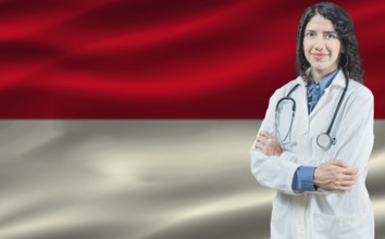 Indonesian medicine and healthcare concept. Doctor close up against Indonesia flag background