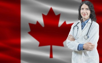 Canadian medicine and healthcare concept. Doctor close up against Canada flag background