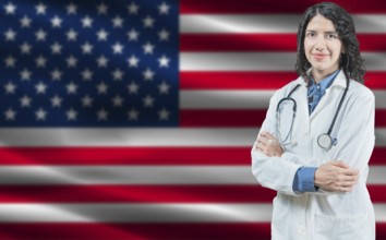 American medicine and healthcare concept. Doctor close up against United States flag background