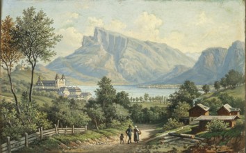 View of Lake Mondsee with the monastery of the same name and the Dragon Wall, Salzkammergut, Upper