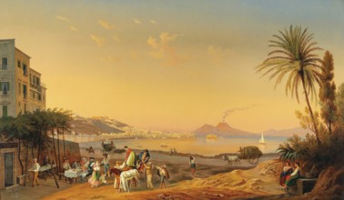 Evening scene on the Naples promenade with Vesuvius in the background, Campania, Italy, based on a