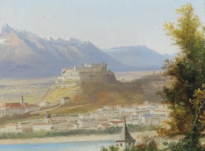 The Hohensalzburg Fortress, Salzburg, Austria, based on a painting by Hubert Sattler (1817-1904),