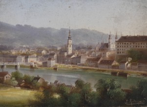 View of Linz, Austria, based on a painting by Hubert Sattler (1817-1904), reproduction from a 19th
