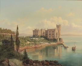 Miramare Castle near Trieste, Italy, based on a painting by Hubert Sattler (1817-1904),