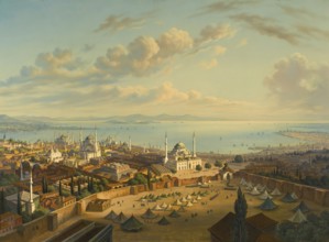 View of Constantinople, Istanbul, from the watchtower of Bevazit, Turkey, based on a painting by