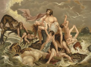 Biblical scene, Bible, The Flood, a myth from various cultures in which a global flood disaster