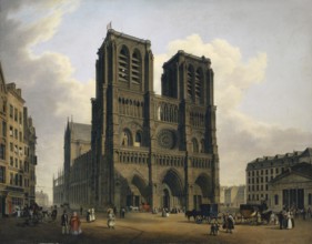 The Notre Dame Cathedral in Paris, France, based on a painting by Hubert Sattler (1817-1904),