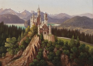 Neuschwanstein Castle in Schwangau, Bavaria, Germany, based on a painting by Hubert Sattler