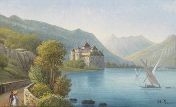 Chillon Castle on Lake Geneva, Switzerland, based on a painting by Hubert Sattler (1817-1904),