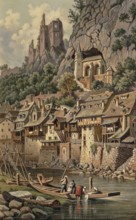 View of the rock church and castle ruins of Idar-Oberstein, Rhineland-Palatinate, Germany, based on