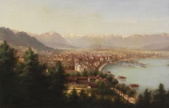 City view of Bregenz, Austria, based on a painting by Hubert Sattler (1817-1904), reproduction from