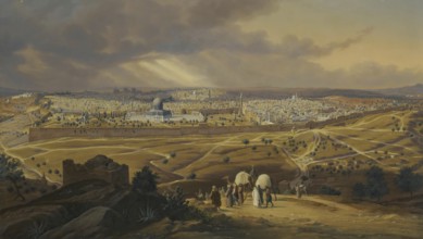 View of Jerusalem from the Mount of Olives, Israel, based on a painting by Hubert Sattler