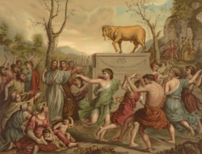 Biblical scene, Bible, Adoration of the Golden Calf, illustration, reproduction from a 19th century