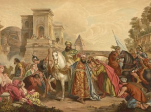 Biblical scene, Bible, The Triumph of Mordechai, illustration, reproduction from a 19th century