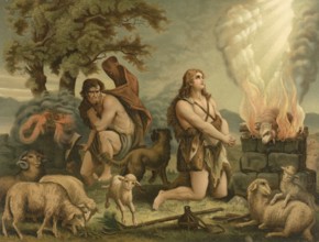 Biblical scene, Bible, The Sacrifice of Cain and Abel, illustration, reproduction from a 19th