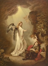 Biblical scene, Bible, Jacob's dream, angels climb up and down these stairs, and God speaks to