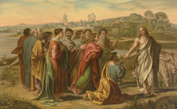 Biblical scene, Bible, pasture my lambs, illustration, reproduction from a 19th century model.