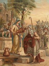 Biblical scene, Bible, Eliezer is looking for Rebecca, Eliëser of Damascus is in the Jewish and