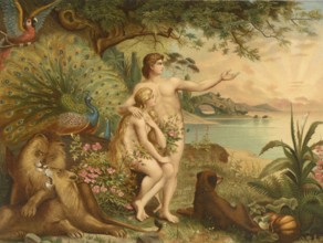 Biblical scene, Bible, Adam and Eve in paradise, illustration, reproduction from a 19th century
