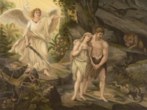 Biblical scene, Bible, Adam and Eve, expulsion from paradise, illustration, reproduction from a