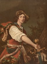 Biblical scene, Bible, David with the head of Goliath. David triumphantly holding the severed head