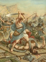 Biblical scene, Bible, David defeats Goliath. The biblical hero David defeats the giant warrior